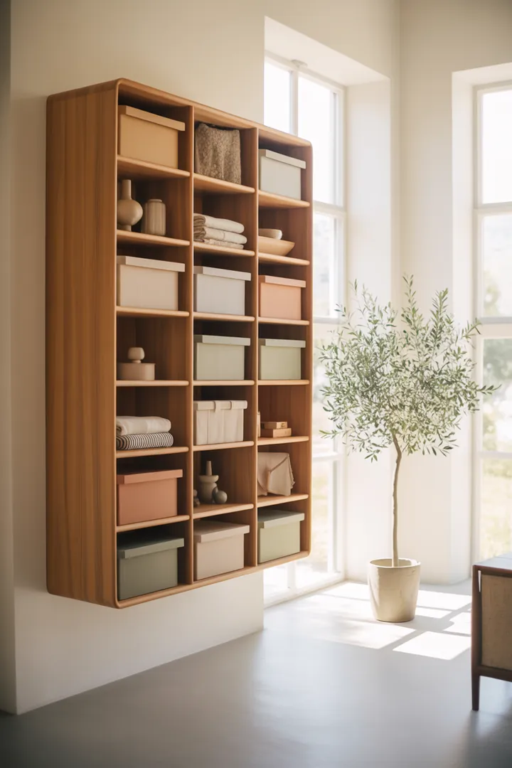 Stylisches Wandregal aus Holz mit dekorativen Kisten, ideal zur Aufbewahrung von Büchern und Accessoires, schafft Ordnung und Stil in jedem Raum.