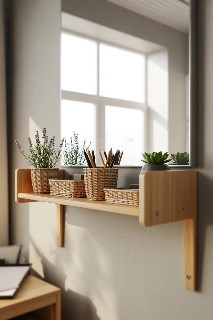 Ein stilvolles Wandregal aus Holz, das Kisten elegant präsentiert und eine perfekte Kombination aus Funktionalität und Ästhetik für jeden Raum bietet.