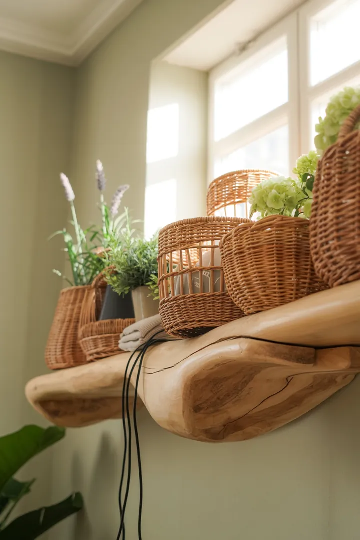 Ein stilvolles Wandregal aus Holz mit mehreren Kisten, die als praktische Aufbewahrungslösung in einem modernen Raum dienen.