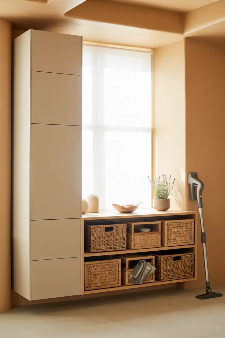 Ein stilvolles Wandregal aus Holz mit offenen Fächern, dekorativen Kisten und einem modernen Schrank, das Ordnung und Eleganz in den Raum bringt.