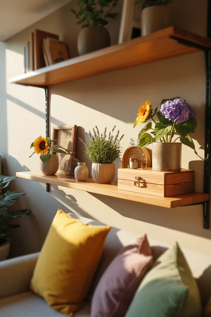 Ein stilvolles Wandregal aus Holz mit dekorativen Kisten und einem modernen Schrank, ideal für die Aufbewahrung und Präsentation von Gegenständen.