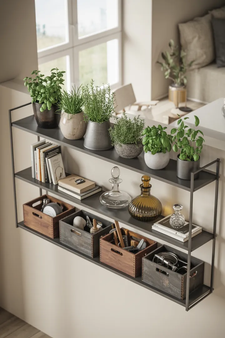 Ein stilvolles Wandregal aus Holz, das elegante Kisten beherbergt und als praktischer Schrank dient, um Ordnung in jedem Raum zu schaffen.