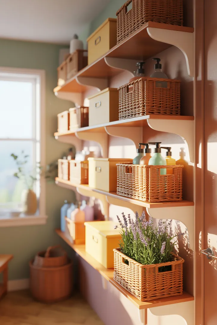 Ein stilvolles Wandregal mit offenen Fächern, auf dem dekorative Kisten platziert sind, bietet eine praktische und ästhetische Lösung für die Aufbewahrung in einem modernen Raum.