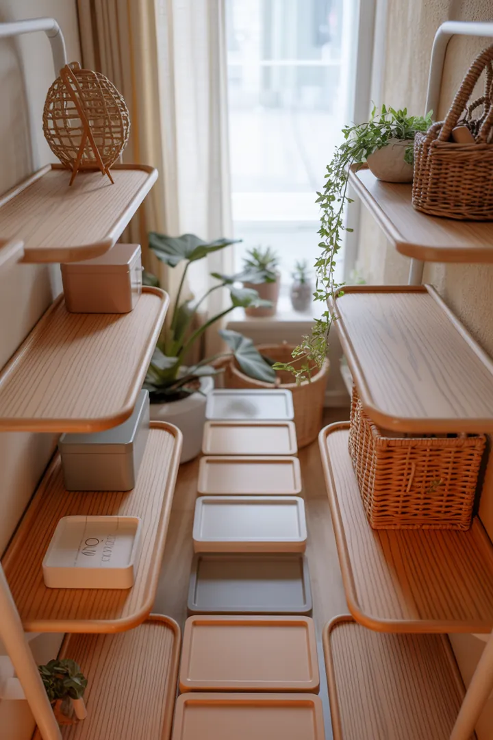 Ein stilvolles Wandregal aus Holz mit offenen Fächern, das dekorative Kisten beherbergt und zusätzlichen Stauraum in einem modernen Raum schafft.