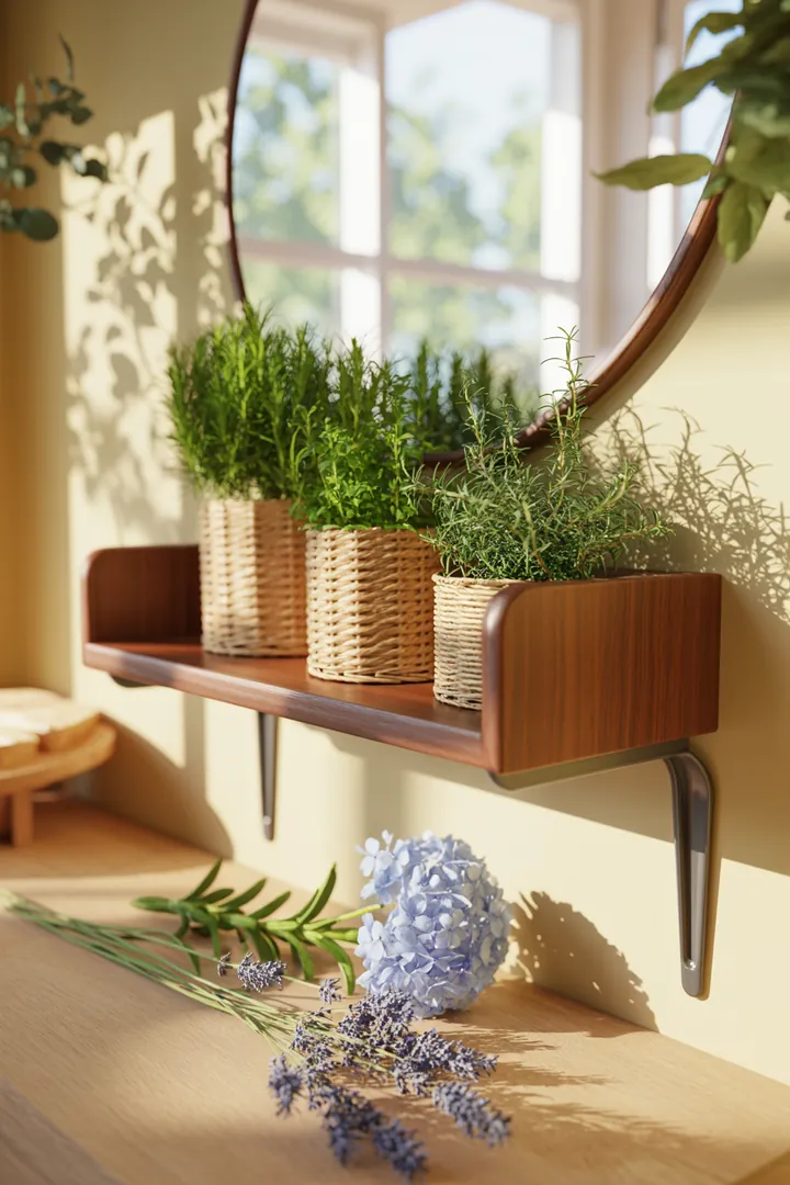 Ein stilvolles Wandregal aus Holz mit dekorativen Kisten, das eleganten Stauraum bietet und den Raum optimal nutzt.