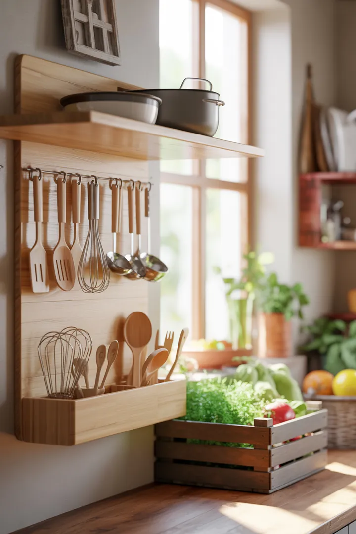 Ein stilvolles Wandregal aus Holz, das mit dekorativen Kisten gefüllt ist, bietet eine praktische Aufbewahrungslösung und verleiht dem Raum Struktur und Eleganz.