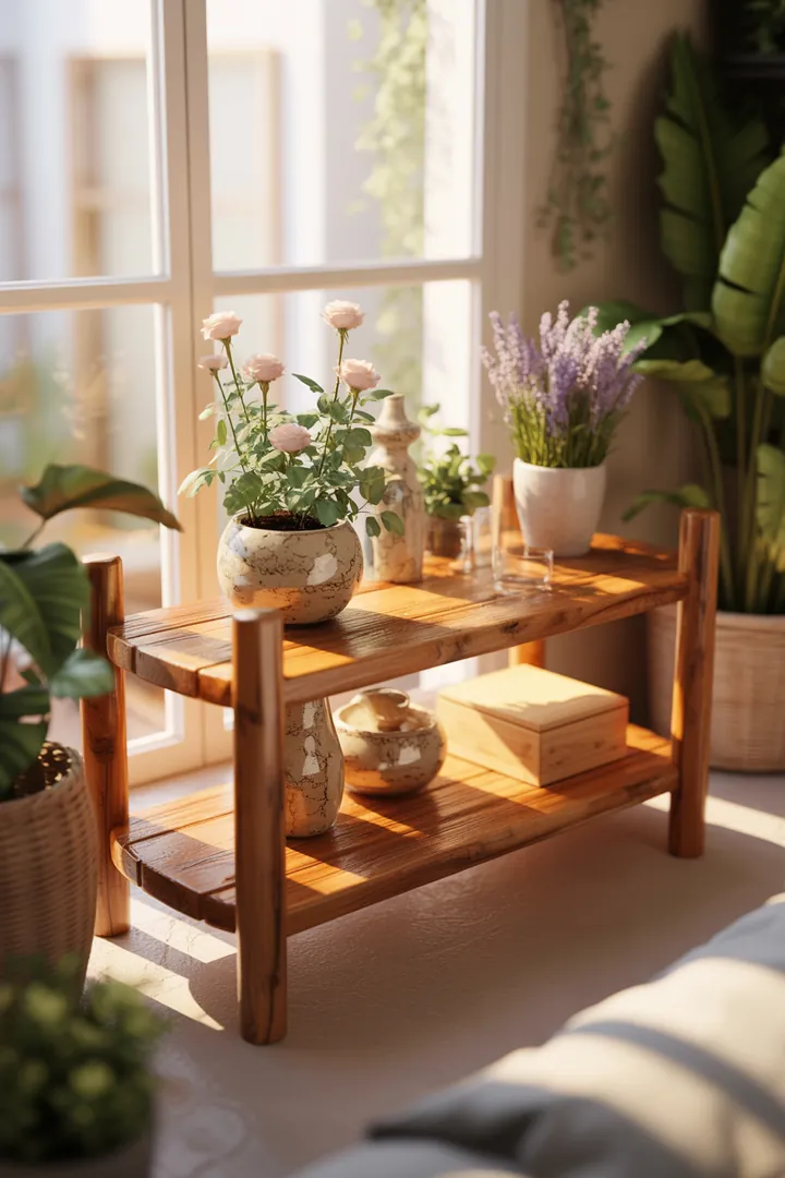 Ein stilvolles Wandregal aus Holz, das dekorative Kisten und Bücher organisiert, verleiht dem Raum eine moderne Note und praktischen Stauraum.