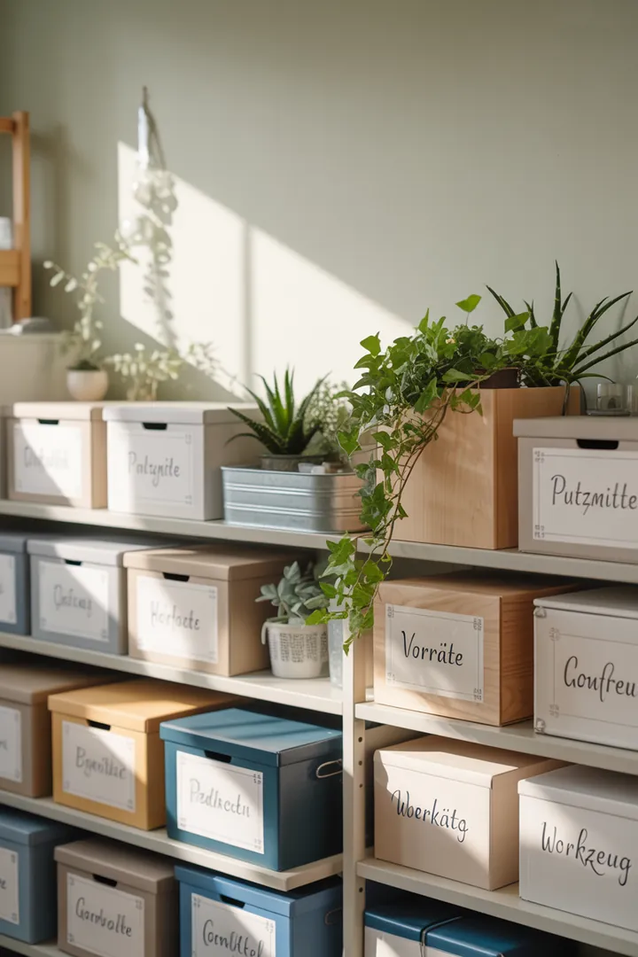 Ein stilvolles Wandregal aus Holz mit dekorativen Kisten, perfekt für die Aufbewahrung und Präsentation in jedem Raum.