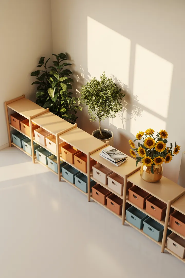 Ein stilvolles Wandregal aus Holz präsentiert verschiedene dekorative Kisten und schafft zusätzlichen Stauraum in einem modern eingerichteten Raum.