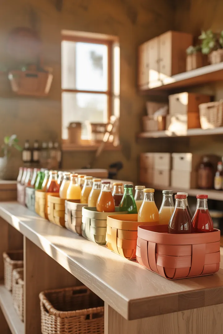 Ein stilvolles Wandregal aus Holz, das farbige Kisten zur Aufbewahrung nutzt und modernen Charme in jeden Raum bringt. Ideal für eine organisierte Atmosphäre.
