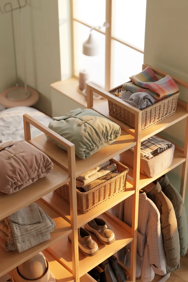 Ein stilvolles Wandregal aus Holz mit dekorativen Kisten, ideal zur Aufbewahrung und Präsentation von Gegenständen, ergänzt jeden Raum.