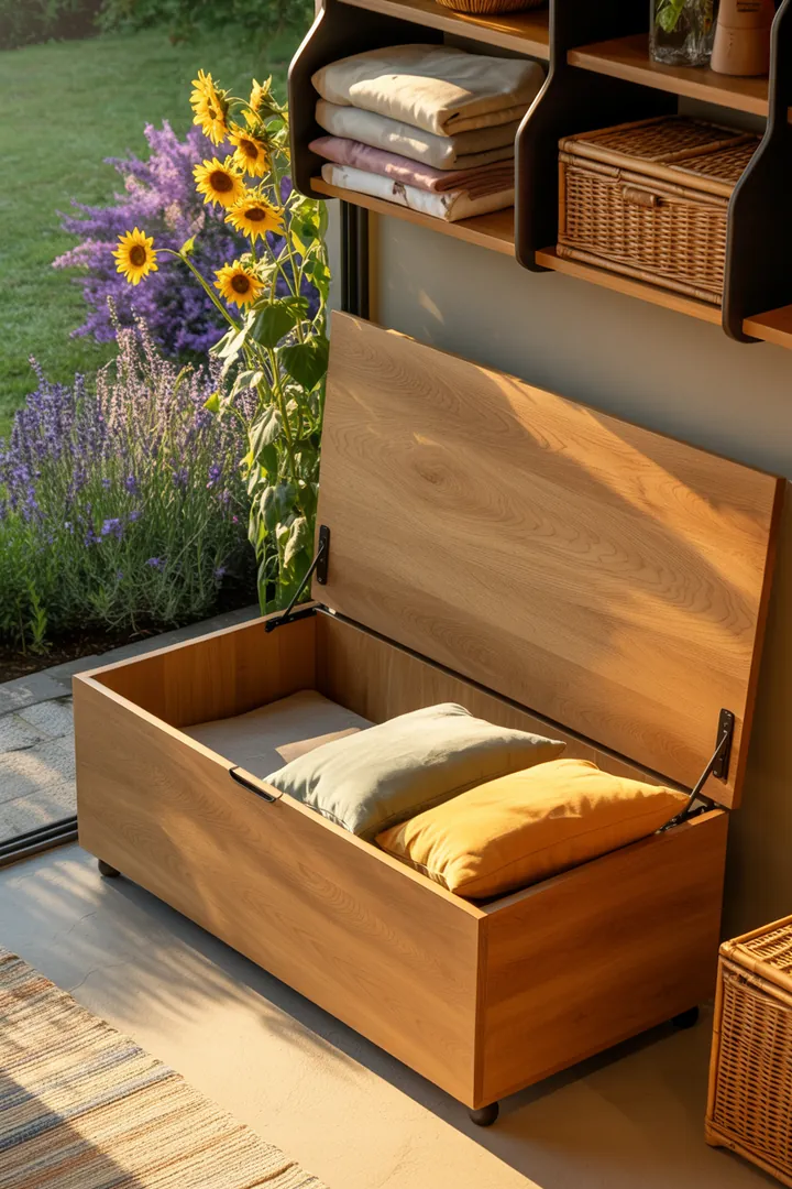 Ein stilvolles Wandregal aus Holz mit bunten Kisten, das ideal für die Aufbewahrung in einem modernen Schrank ist.