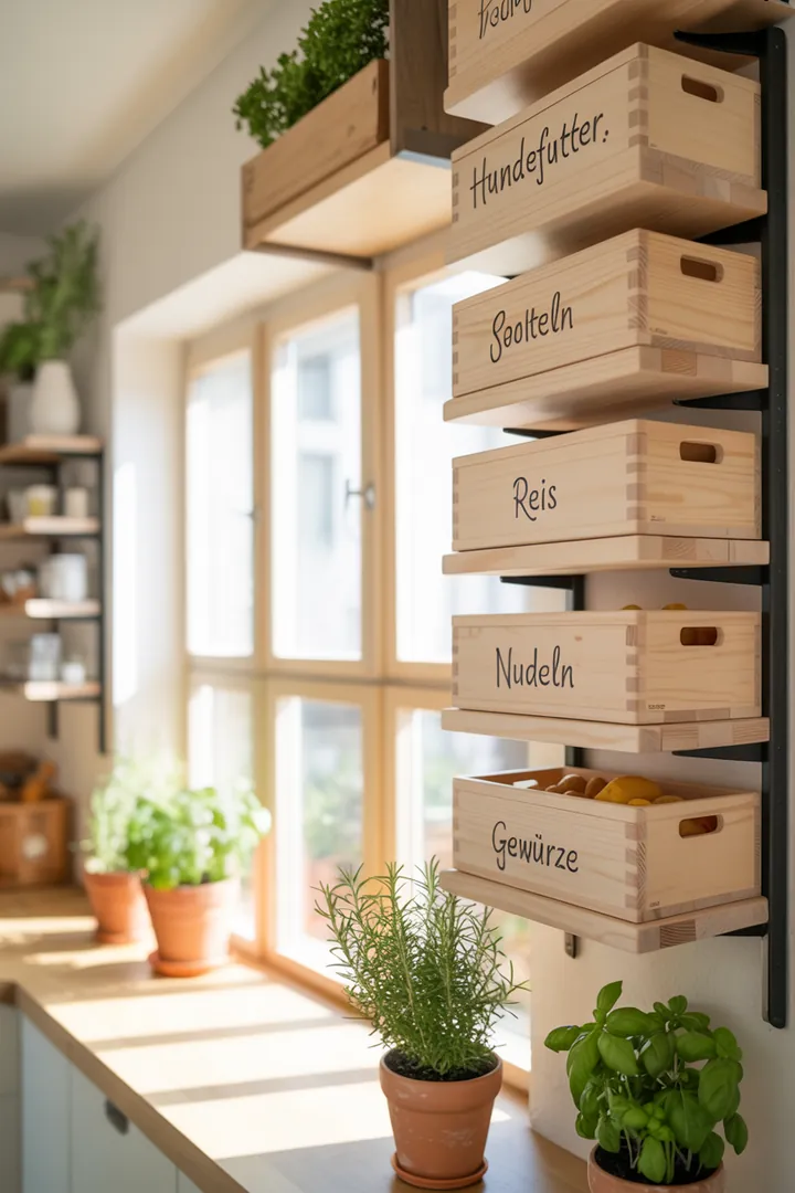 Ein stilvolles Wandregal aus Holz, ausgestattet mit dekorativen Kisten, die Ordnung schaffen und einem modernen Raumdesign verleihen. Ideal für die Aufbewahrung in einem eleganten Schrank.