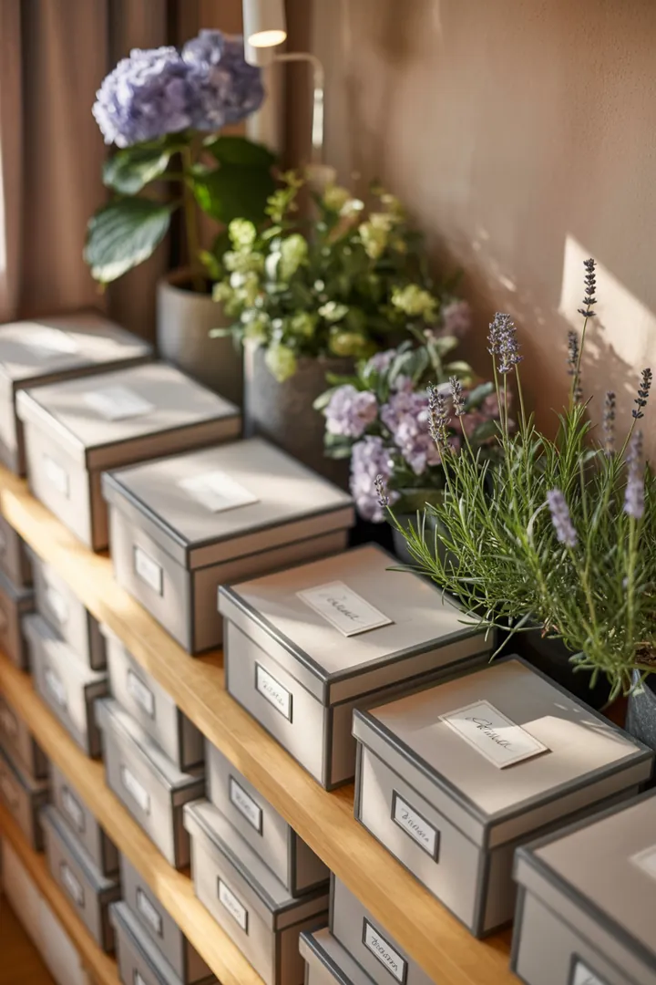 Ein stilvolles Wandregal aus Holz mit offenen Fächern, das dekorative Kisten und persönliche Gegenstände harmonisch präsentiert. Ideal für jeden Raum zur Aufbewahrung.