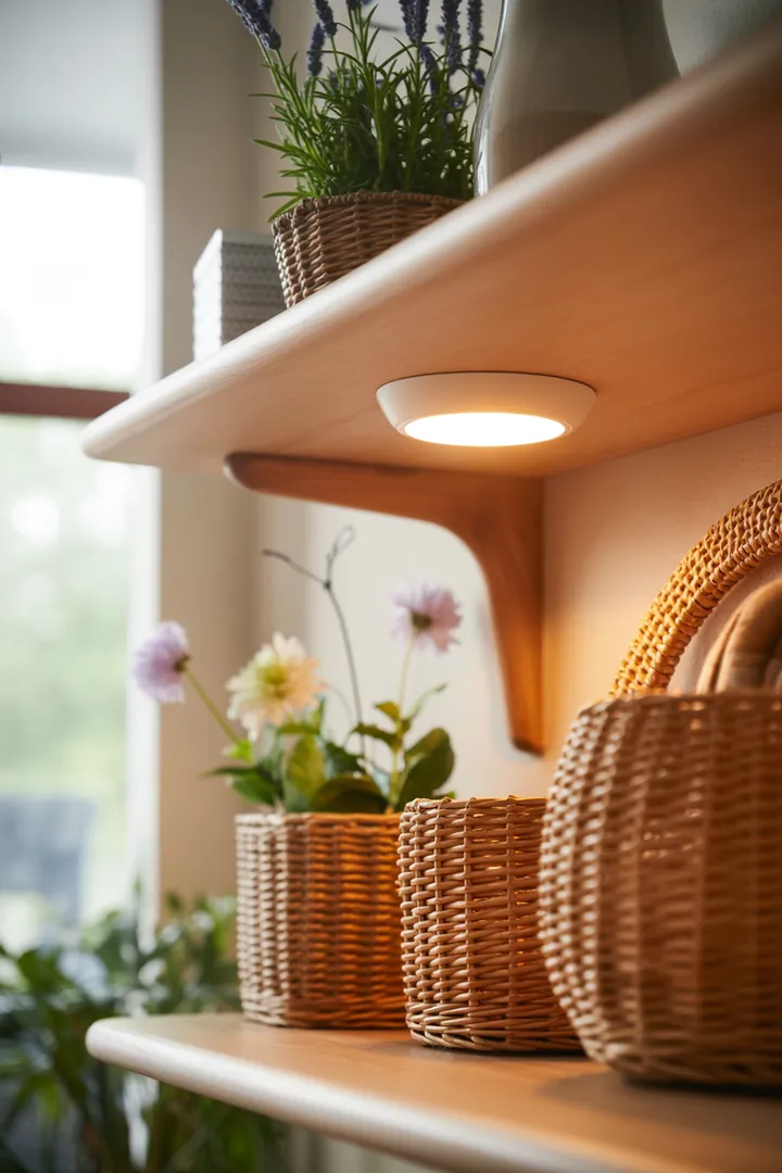 Ein stilvolles Wandregal aus Holz mit bunten Kisten, die für zusätzlichen Stauraum sorgen und jeden Raum aufwerten.