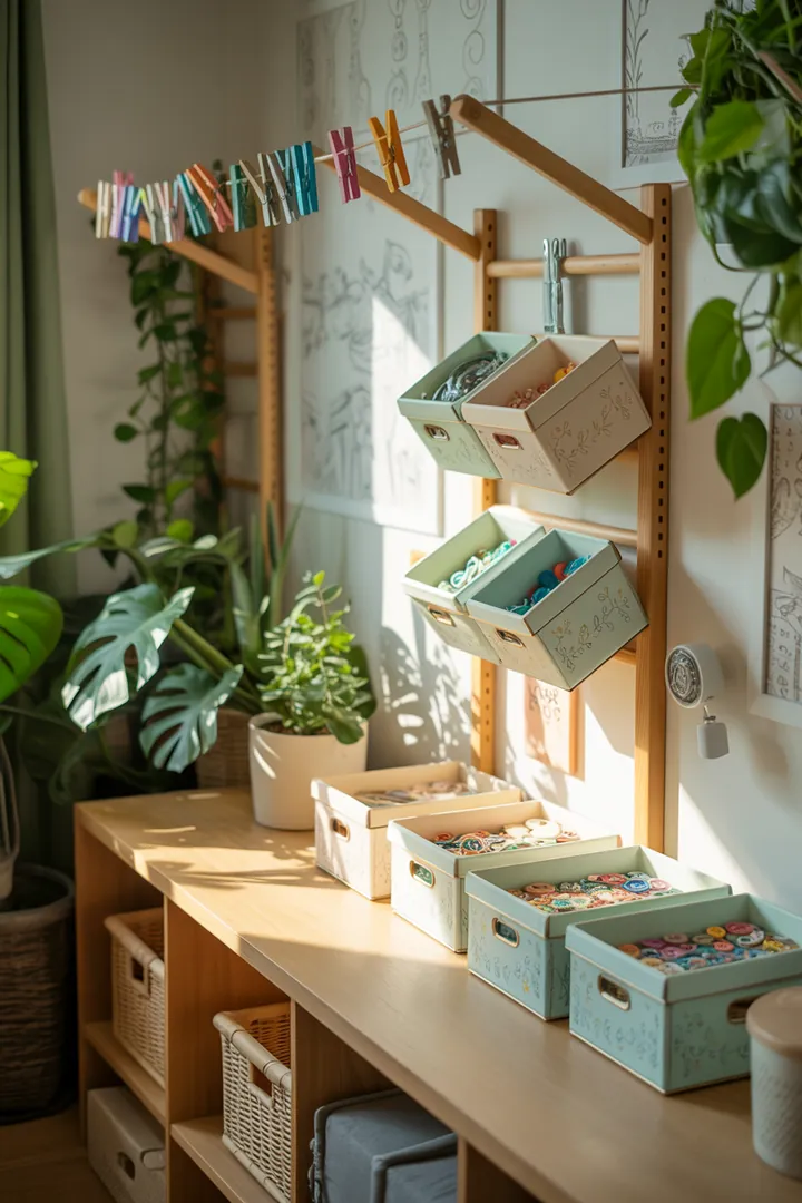 Ein stilvolles Wandregal aus Holz, das geschickt Kisten zur Aufbewahrung nutzt, bietet eine elegante Lösung für die Organisation im Raum.