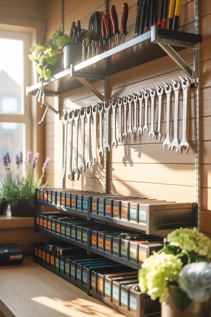 Ein stilvolles Wandregal aus Holz, das mit dekorativen Kisten gefüllt ist, bietet praktischen Stauraum und verleiht dem Raum eine elegante Note.