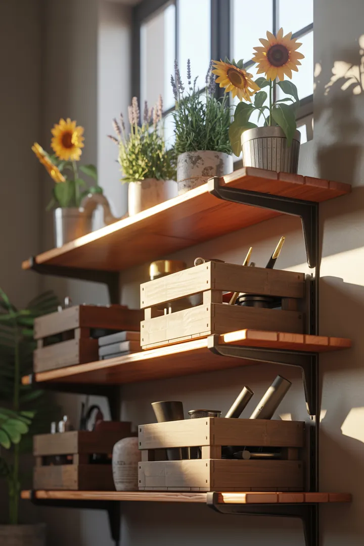 Ein stilvolles Wandregal aus Holz mit dekorativen Kisten, ideal zur Aufbewahrung und Präsentation von Gegenständen, passend für jedes moderne Zuhause.