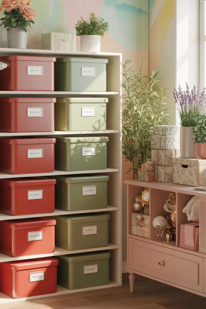 Ein stilvolles Wandregal aus Holz, gefüllt mit dekorativen Kisten, die Ordnung und Charme in jeden Raum bringen. Ideal für die Aufbewahrung und Präsentation.