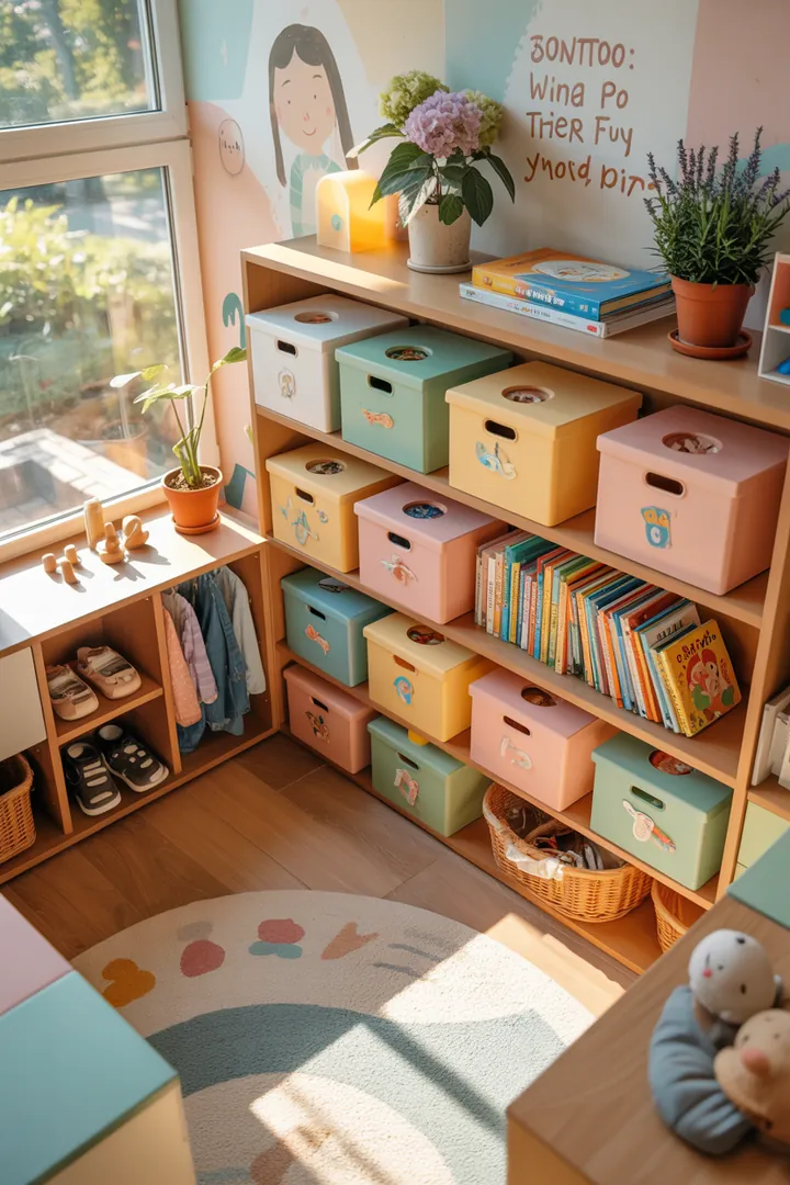 Ein stilvolles Wandregal aus Holz, dekorativ mit Kisten gefüllt, bietet eine praktische Lösung zur Aufbewahrung und Organisation in jedem Raum.