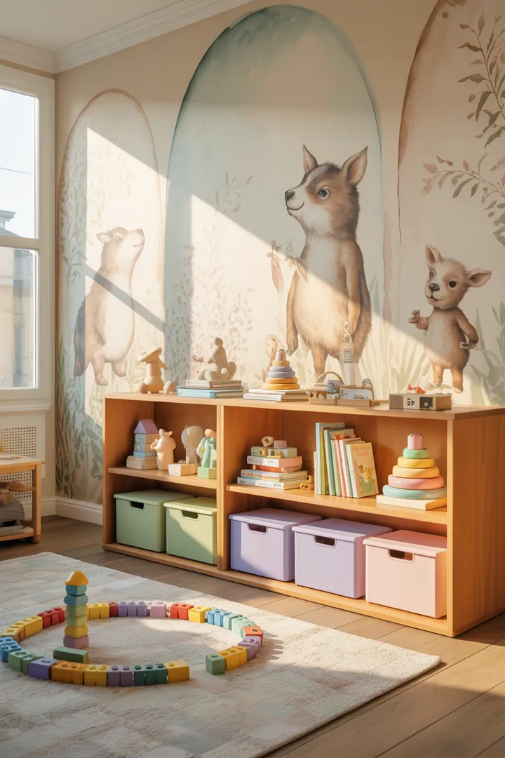 Ein stilvolles Wandregal mit mehreren Kisten, die ordentlich aufgereiht sind, bietet eine elegante Aufbewahrungslösung für Bücher und Deko. Ideal für jeden Raum.