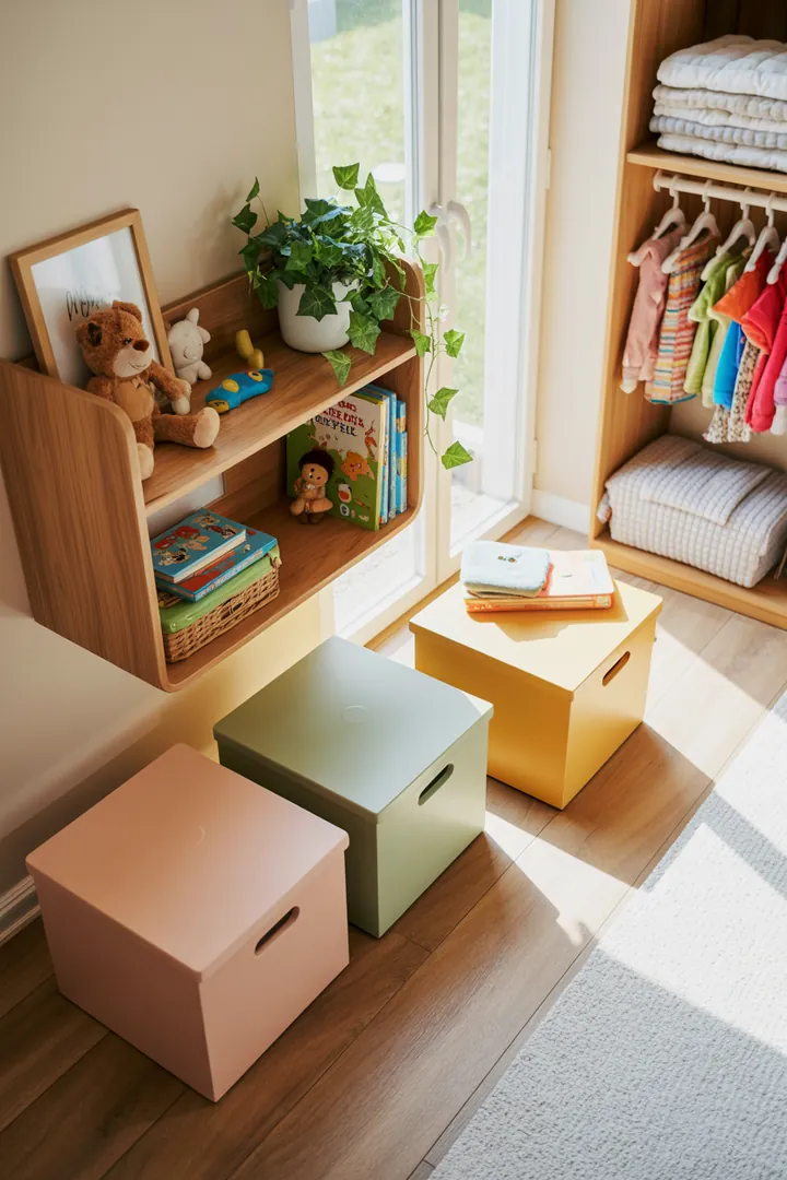 Ein stilvolles Wandregal aus Holz mit dekorativen Kisten, ideal zur Aufbewahrung und Präsentation von Gegenständen, verleiht dem Raum Charakter und Ordnung.