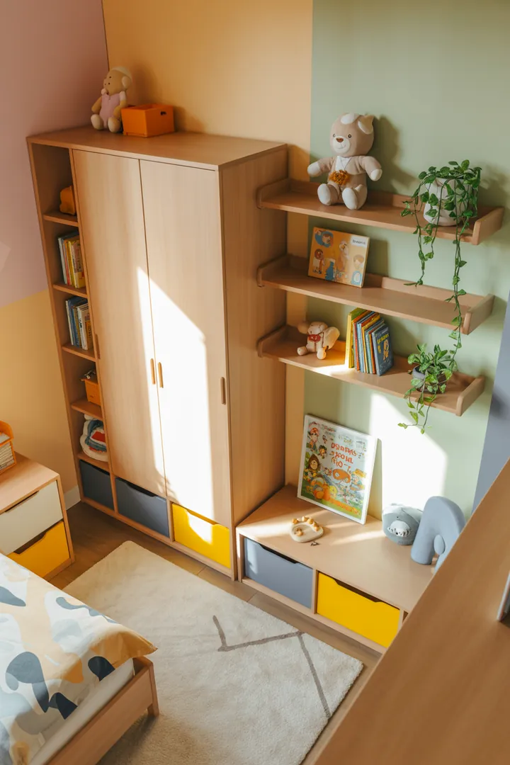 Stilvolles Wandregal aus Holz mit dekorativen Kisten, ideal zur Ordnung von Büchern und Accessoires in einem modernen Wohnraum.