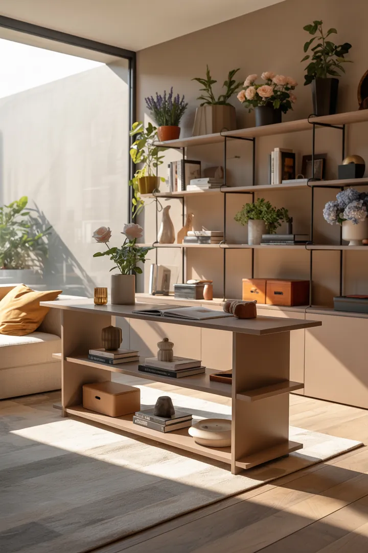 Ein stilvolles Wandregal aus Holz mit dekorativen Kisten, das zusätzlichen Stauraum und eine moderne Note in einem Wohnraum schafft. Ideal für Bücher und persönliche Gegenstände.