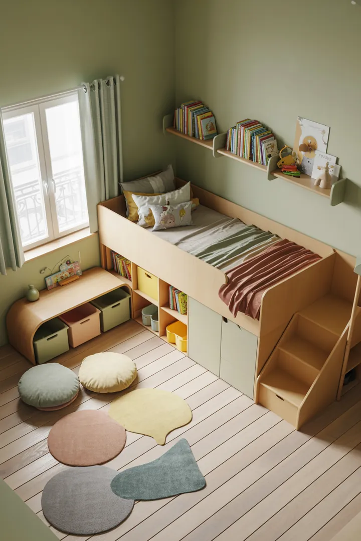 Ein stilvolles Wandregal aus Holz, gefüllt mit dekorativen Kisten und einem eleganten Schrank, der modernen Stauraum bietet.