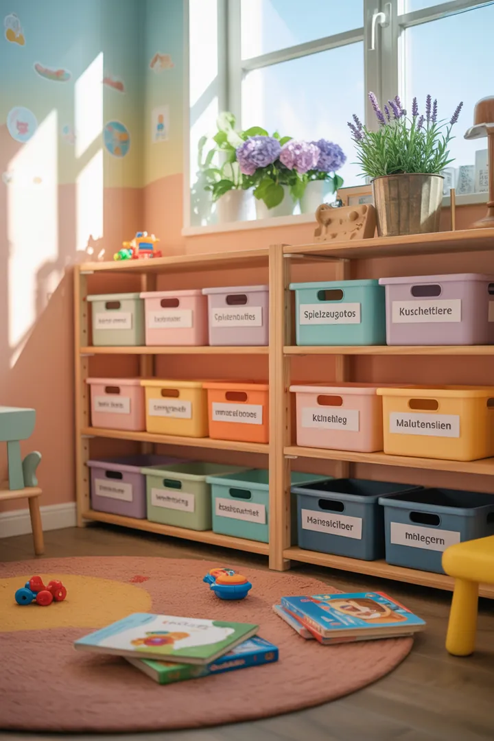 Ein stilvolles Wandregal aus Holz, das dekorative Kisten und praktische Fächer bietet, ideal zur Aufbewahrung in einem modernen Raum.