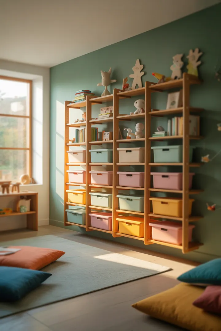 Ein stilvolles Wandregal aus Holz, das mit dekorativen Kisten gefüllt ist und zusätzlichen Stauraum bietet, ideal für moderne Wohnräume.