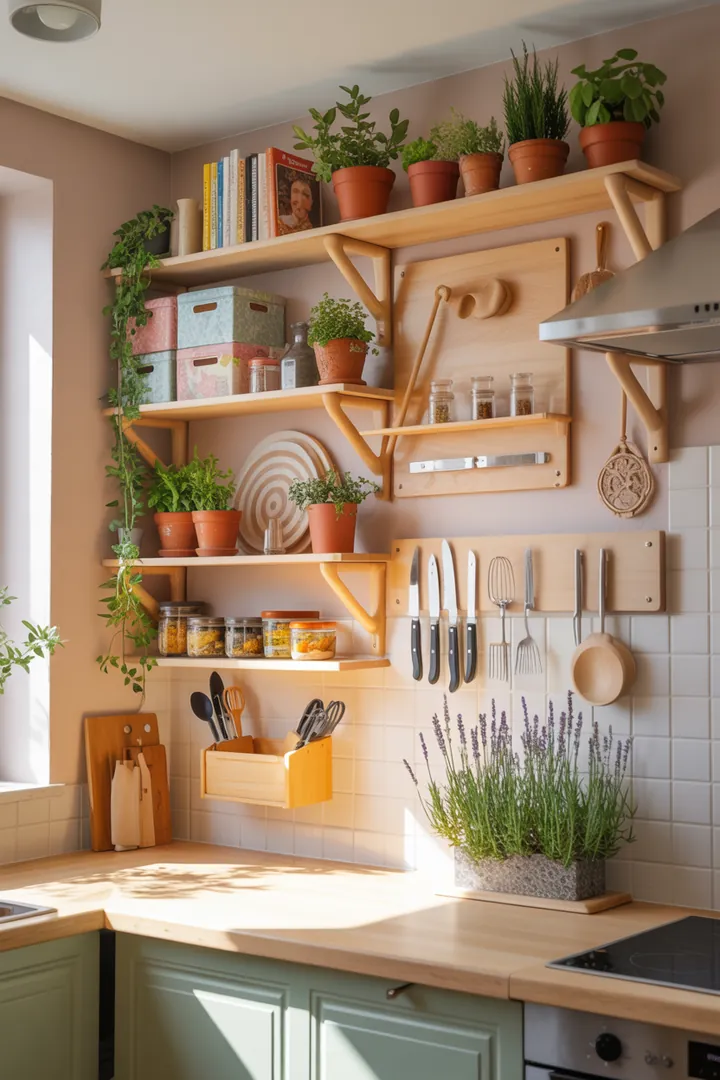 Ein stilvolles Wandregal aus Holz, das mit dekorativen Kisten gefüllt ist, bietet zusätzlichen Stauraum und setzt schöne Akzente in einem modernen Raum.