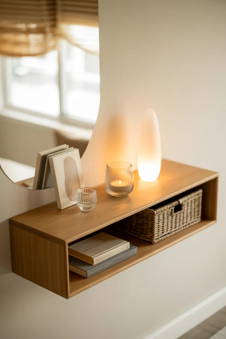 Ein stilvolles Wandregal aus Holz mit dekorativen Kisten, das zusätzlichen Stauraum bietet und jeden Raum elegant aufwertet. Ideal für die Präsentation von Gegenständen.