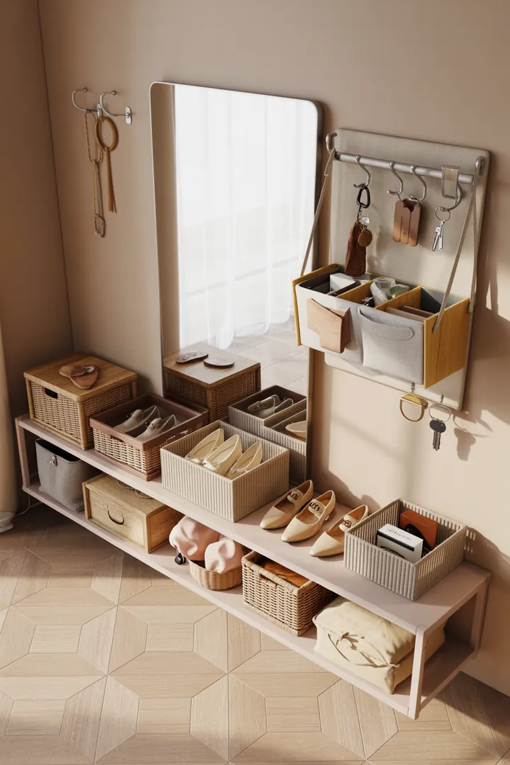 Ein stilvolles Wandregal aus Holz, das dekorative Kisten organisiert und eine moderne Atmosphäre schafft, ideal für jedes Zimmer.