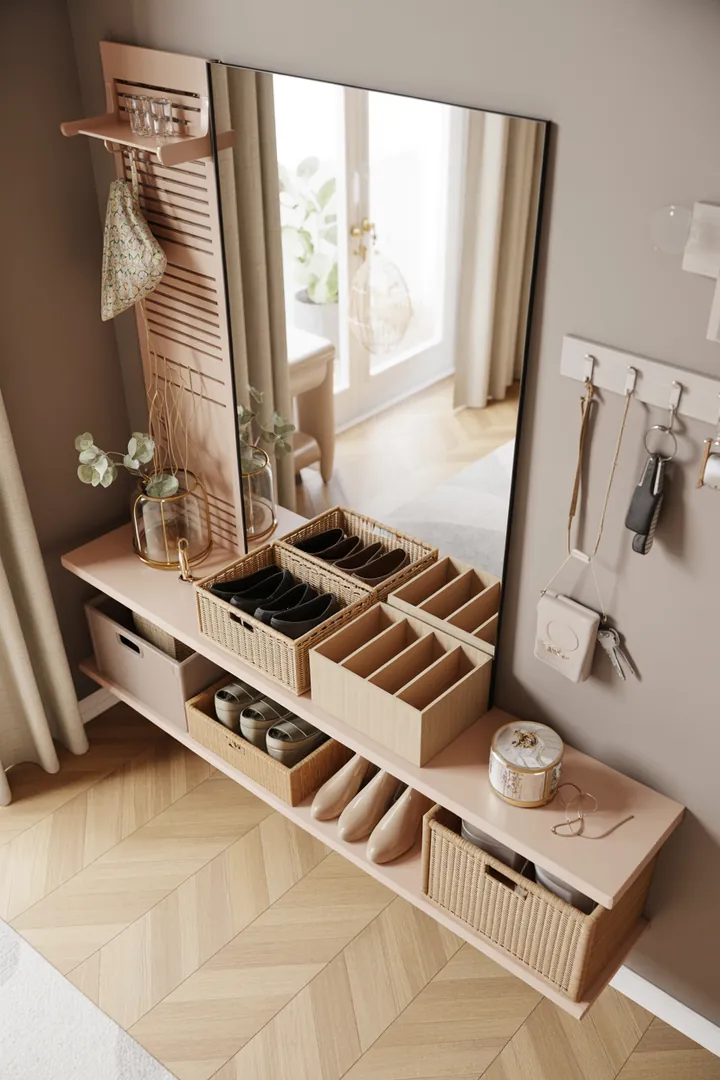 Ein stilvolles Wandregal aus Holz, das mit dekorativen Kisten gefüllt ist, bietet eine praktische und ästhetische Aufbewahrungslösung in einem modernen Raum.