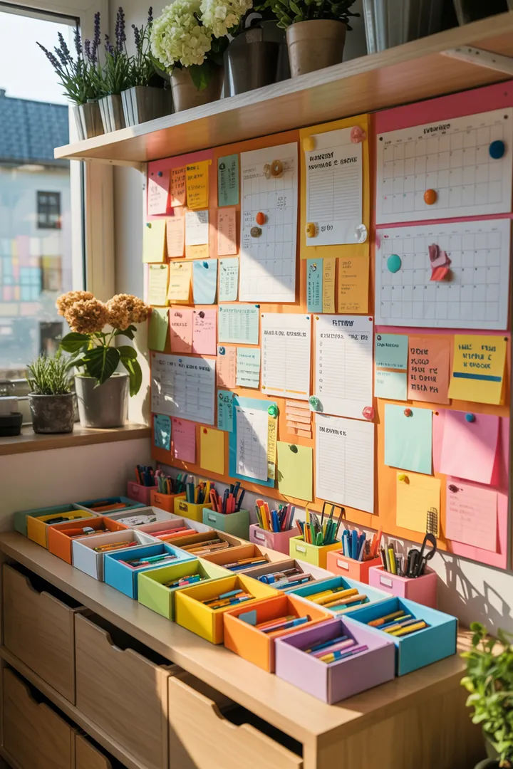 Ein stilvolles Wandregal aus Holz, das mit dekorativen Kisten gefüllt ist, um Ordnung im Raum zu schaffen und einen modernen Schrank zu ergänzen.