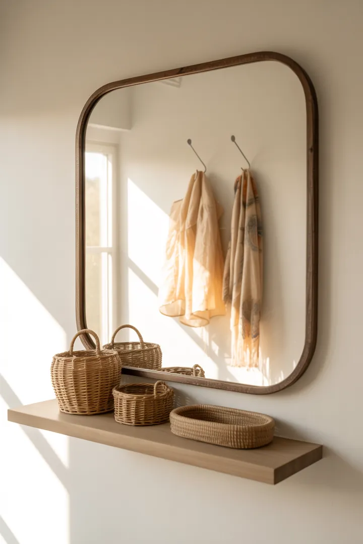 Ein stilvolles Wandregal aus Holz, das dekorative Kisten organisiert und zusätzlichen Stauraum bietet, perfekt für jedes moderne Zuhause.