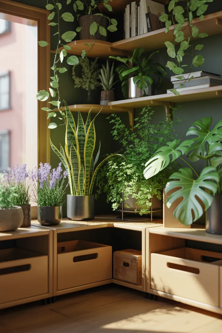 Ein stilvolles Wandregal aus Holz, das mit dekorativen Kisten gefüllt ist und modernen Stauraum bietet, ideal für jedes Zuhause.