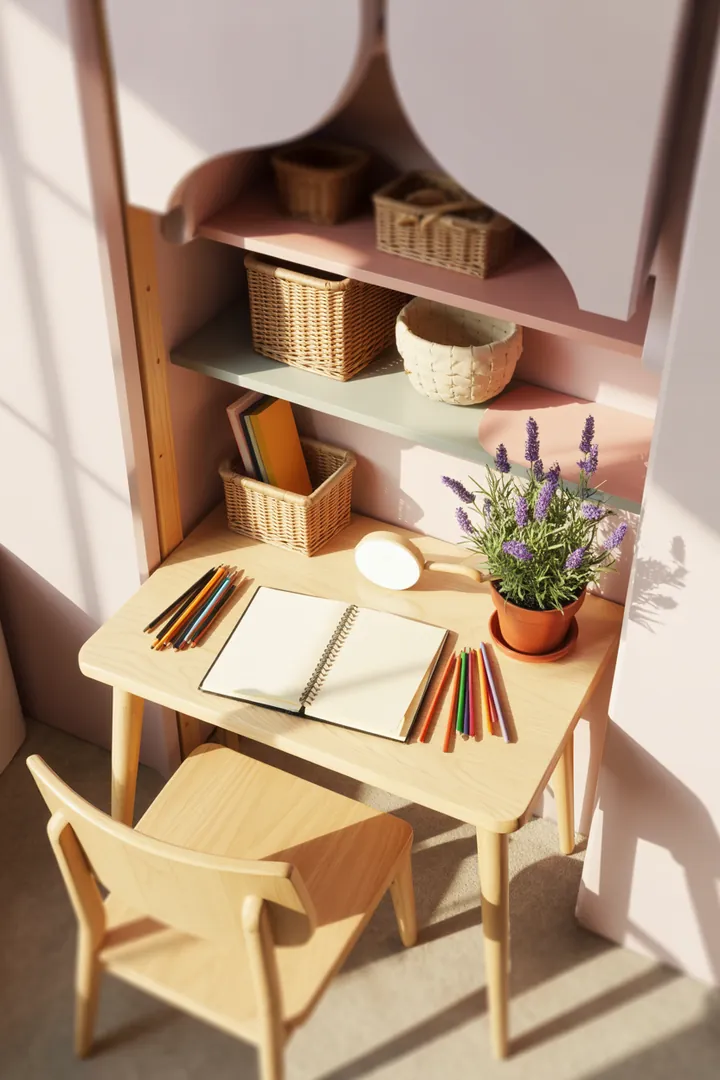 Ein stilvolles Wandregal aus Holz, das mit dekorativen Kisten gefüllt ist, bietet praktischen Stauraum und verleiht dem Raum eine moderne Atmosphäre.