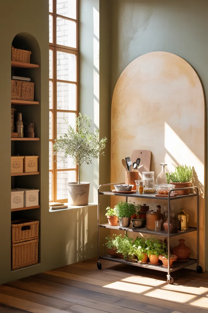 Ein stilvolles Wandregal aus Holz, geschmackvoll dekoriert mit bunten Kisten und einer eleganten Anordnung, die Raum für Bücher und Accessoires bietet.