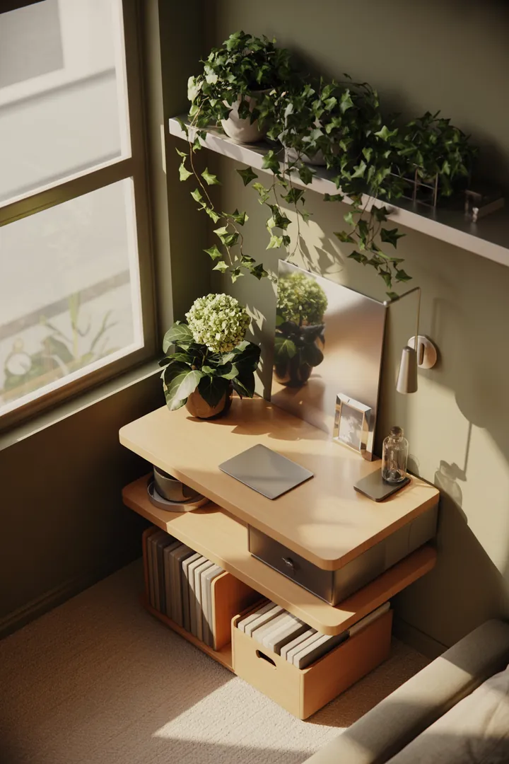 Ein stilvolles Wandregal aus Holz mit dekorativen Kisten, das perfekt als Schrank für Bücher und Accessoires dient.