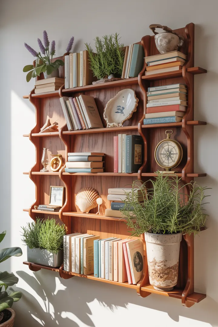 Ein stilvolles Wandregal aus Holz, das mit dekorativen Kisten gefüllt ist und zusätzlichen Stauraum bietet, perfekt für jeden Raum.