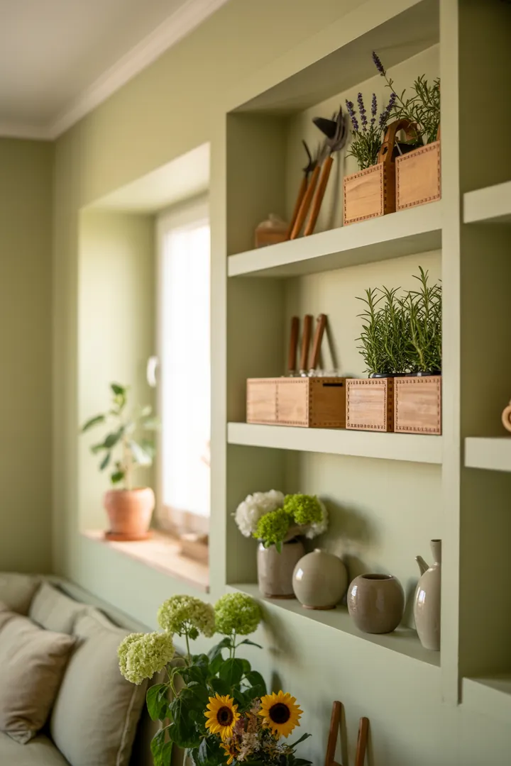 Ein stilvolles Wandregal aus Holz, das dekorative Kisten elegant präsentiert und zusätzlichen Stauraum in einem modernen Raum schafft.