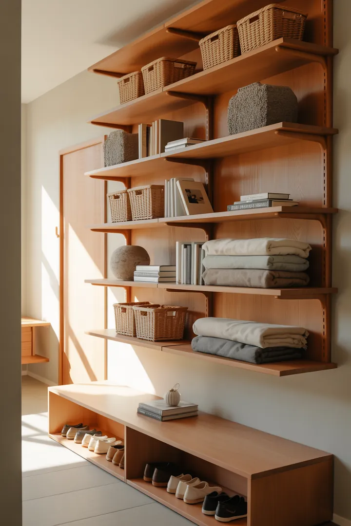 Ein stilvolles Wandregal aus Holz, dekoriert mit modernen Kisten, die als Aufbewahrung dienen und einem charmanten Schrank-Design einen besonderen Akzent verleihen.