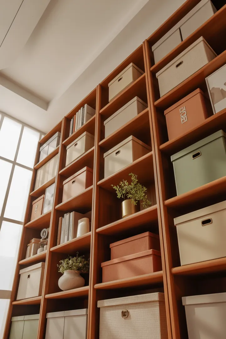 Ein stilvolles Wandregal aus Holz mit dekorativen Kisten, das zusätzlichen Stauraum bietet und perfekt für jede Raumgestaltung ist.