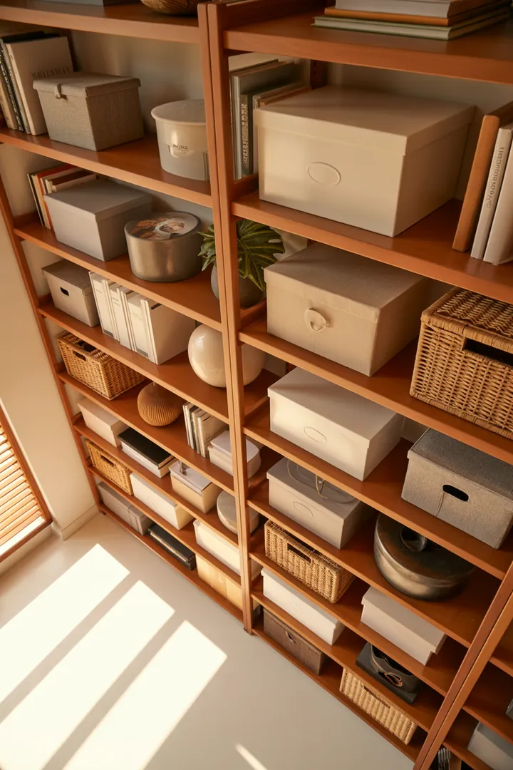 Ein stilvolles Wandregal aus Holz, das farbenfrohe Kisten präsentiert und für zusätzlichen Stauraum in einem modernen Raum sorgt. Ideal für die Aufbewahrung und Dekoration.