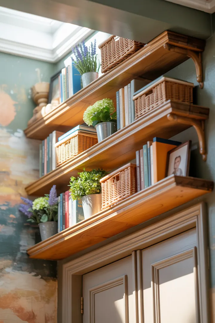 Ein stilvolles Wandregal aus Holz mit dekorativen Kisten, ideal zur Aufbewahrung und Präsentation von Gegenständen in einem modernen Raum.