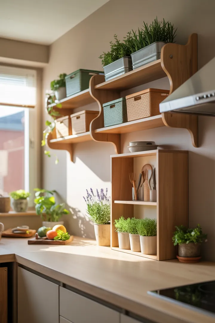 Ein stilvolles Wandregal aus Holz, das Kisten für eine ordentliche Aufbewahrung nutzt und modernen Charme zu jedem Raum hinzufügt. Perfekt für die Präsentation von Dekoration und Büchern.