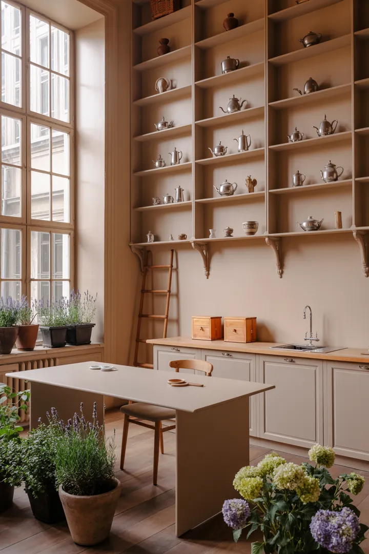 Ein stilvolles Wandregal aus Holz, das mit dekorativen Kisten gefüllt ist und zusätzlichen Stauraum bietet, ideal für jedes Zuhause.