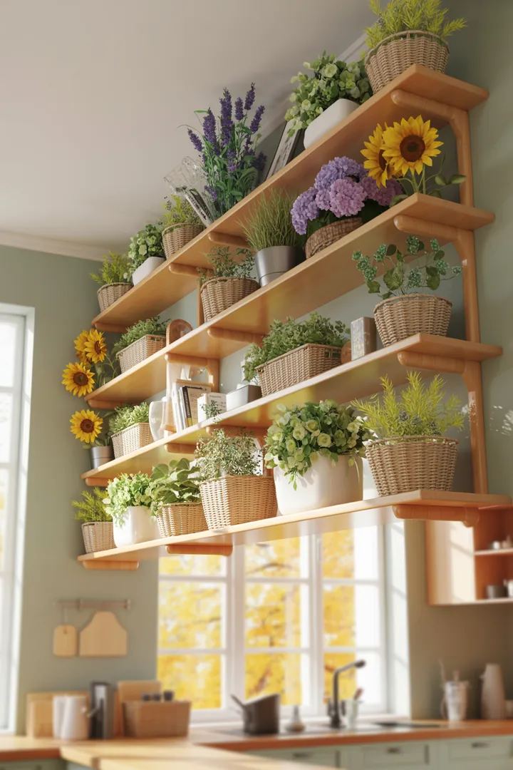 Ein stilvolles Wandregal aus Holz, das elegant mit Kisten gefüllt ist und modernen Stauraum in einem gemütlichen Raum bietet.